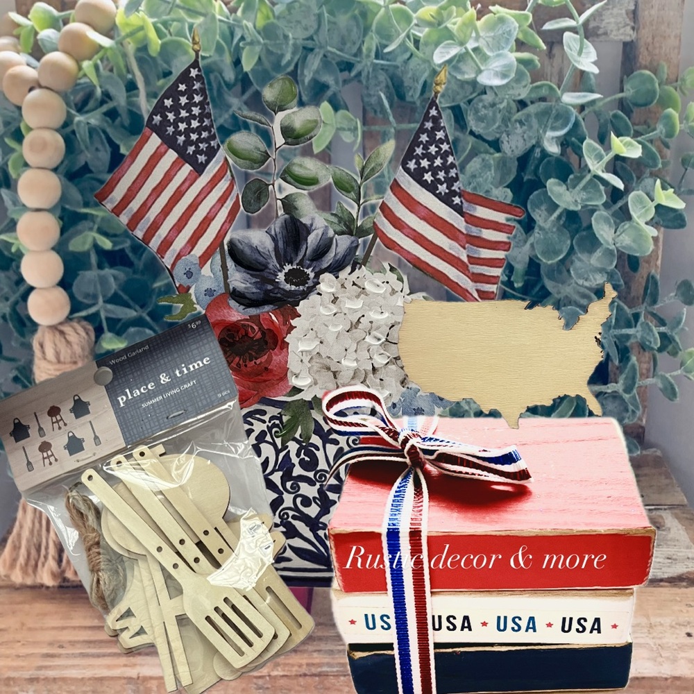 Rustic Patriotic USA Book Stack with Ribbon + Banner tier tray decor .
